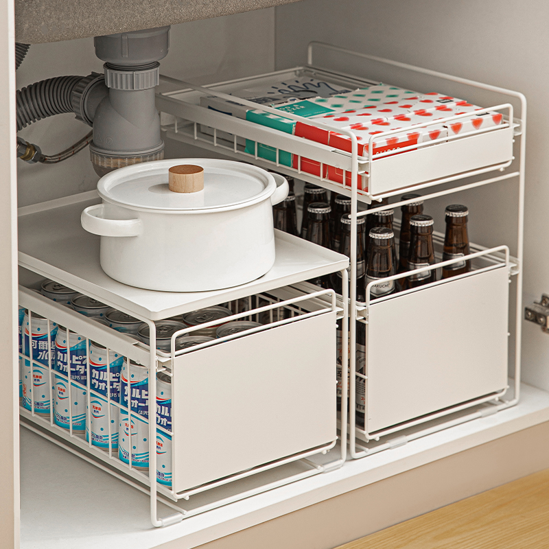 霜山厨房下水槽置物架抽拉式橱柜调料碗碟收纳架可叠加柜子分层架