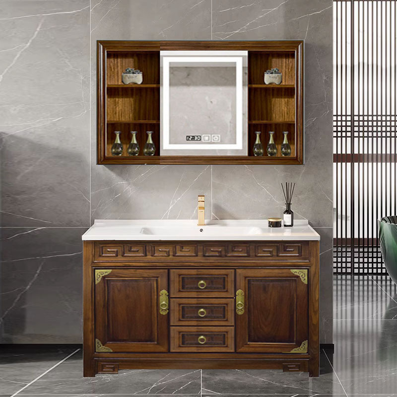 新中式风格陶瓷一体盆橡木浴室柜 智能镜洗手台 洗漱台卫浴柜组合
