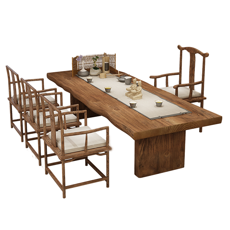 环保胡桃色茶桌椅组合新中式功夫茶几1米8茶桌禅意大板茶台实木桌