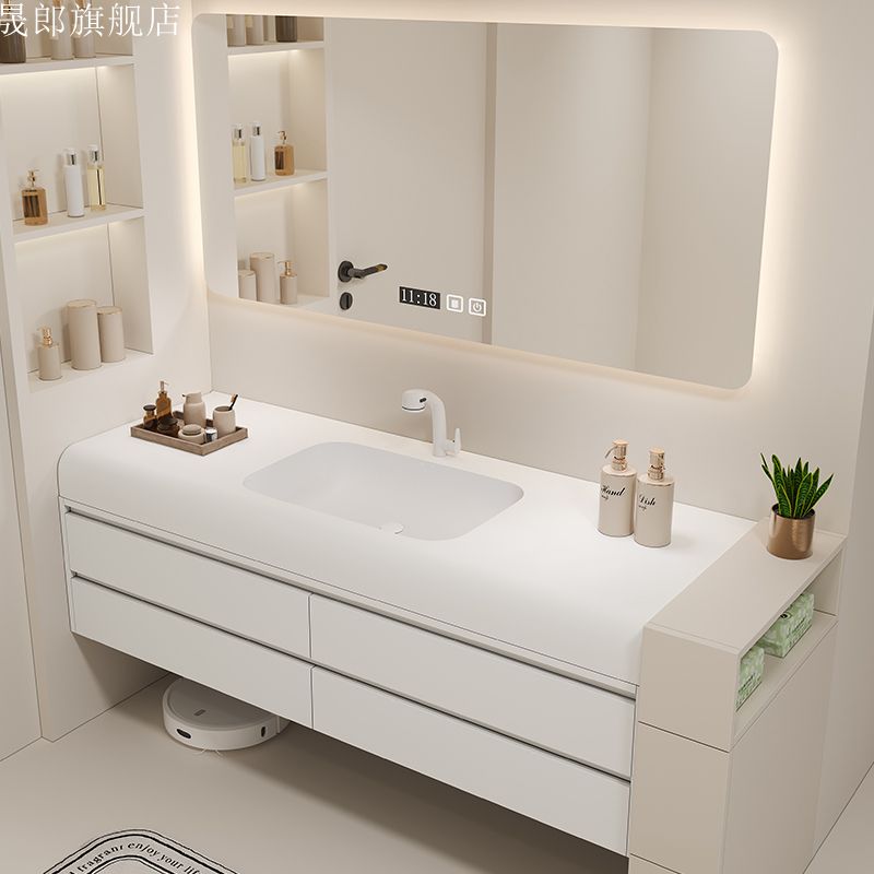 可丽耐一体盆浴室柜组合卫生间简约实木洗手台定制圆弧台面卫浴柜