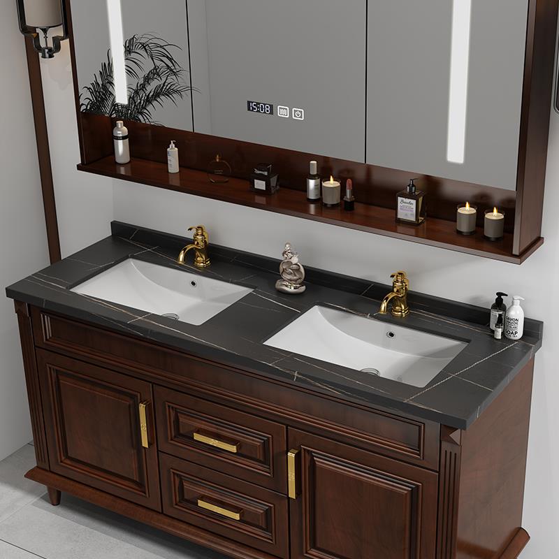 美式橡木浴室柜组合洗脸洗手面盆池新中式实木双盆洗漱台盆卫生间