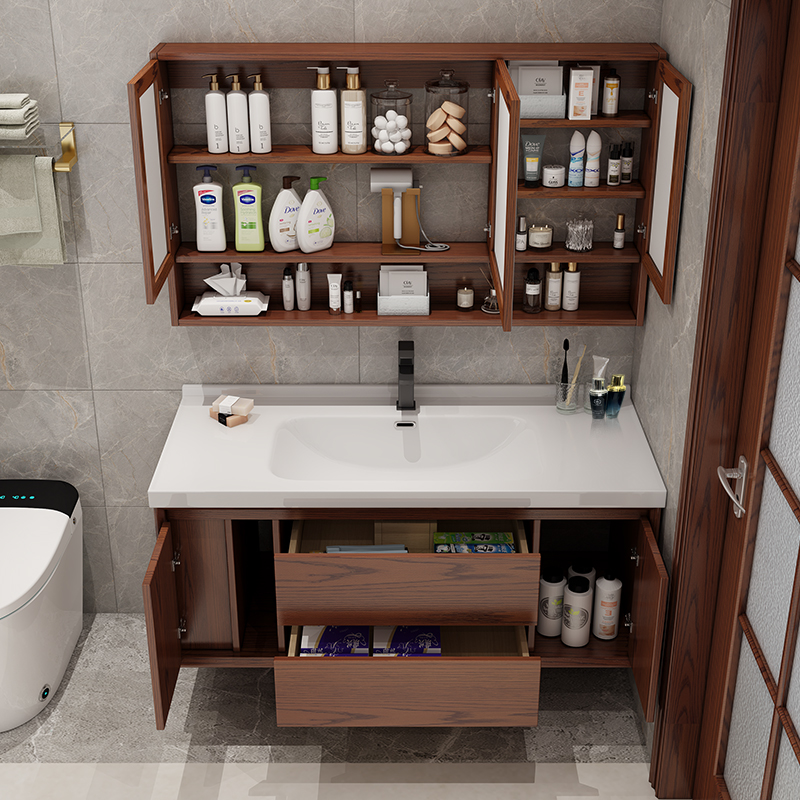 定制 新中式红橡木智能浴室柜组合卫生间洗漱台洗手洗脸盆一体陶