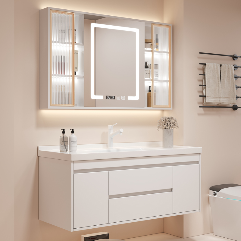 奶油色陶瓷一体盆浴室柜组合2023新款卫浴洗手洗脸池卫生间洗漱台