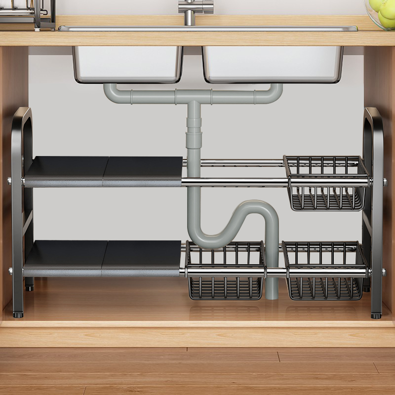 可伸缩厨房下水槽置物架橱柜分层架多功能隔板锅具收纳架整理架子