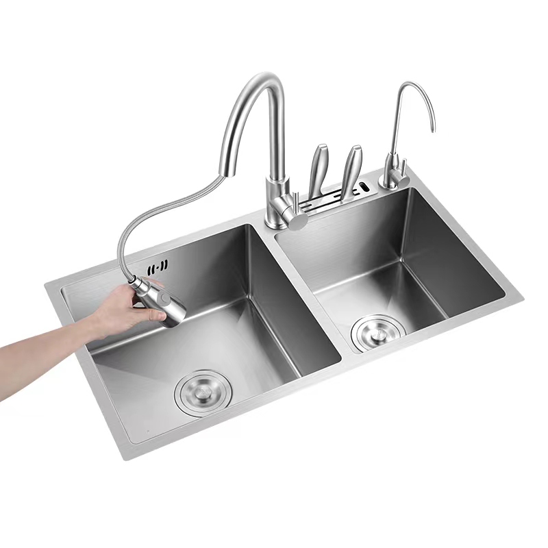 手工加厚304不锈钢拉丝厨房水槽双槽带刀架家用洗菜盆洗碗池套装