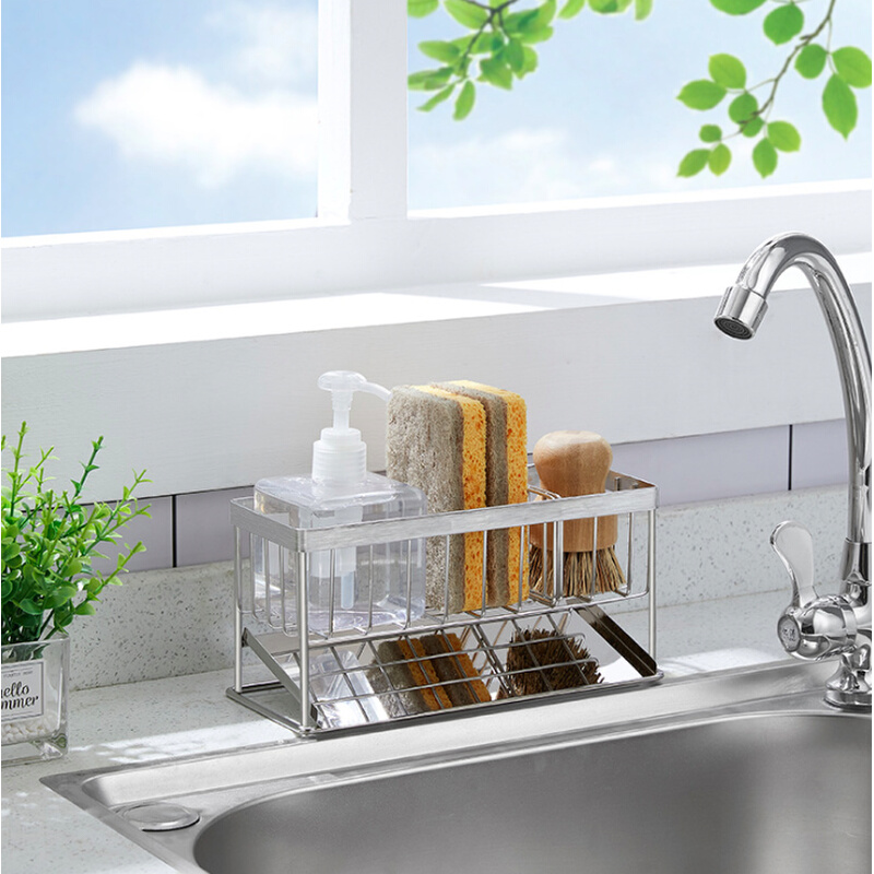新设计厨房放洗碗海绵沥水置物架水槽洗洁精多功能收纳架不锈钢篮