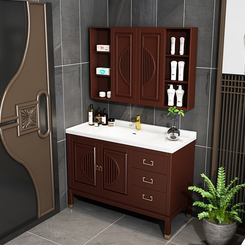 实木新中式浴室柜一体陶瓷盆风水镜柜组合卫生间落地洗手洗脸盆柜