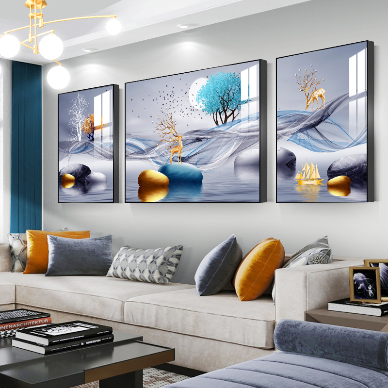轻奢北欧客厅装饰画现代简约沙发背景墙挂画石来运转喻意好壁画