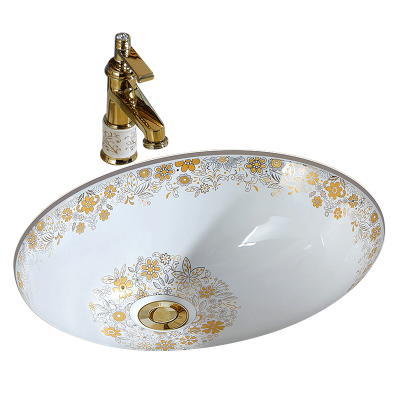 金色欧式椭圆方形陶瓷台下盆嵌入式石下盆洗手洗脸盆洗面盆洗手槽