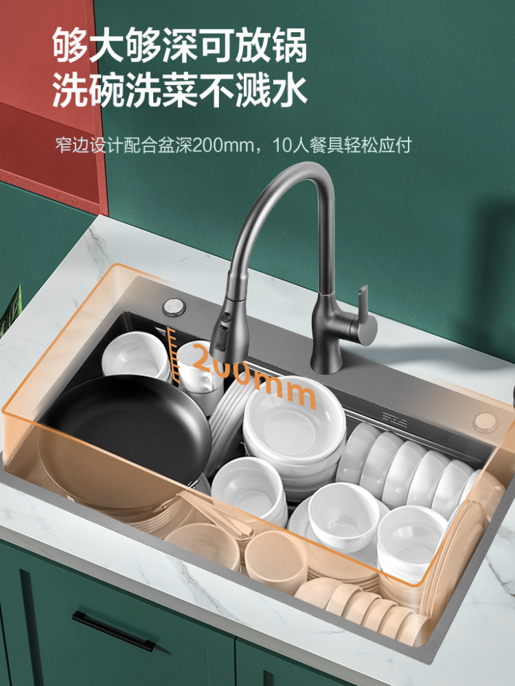 统正枪灰色304不锈钢厨房水槽洗菜盆洗碗池手工盆台上加厚大单槽Q