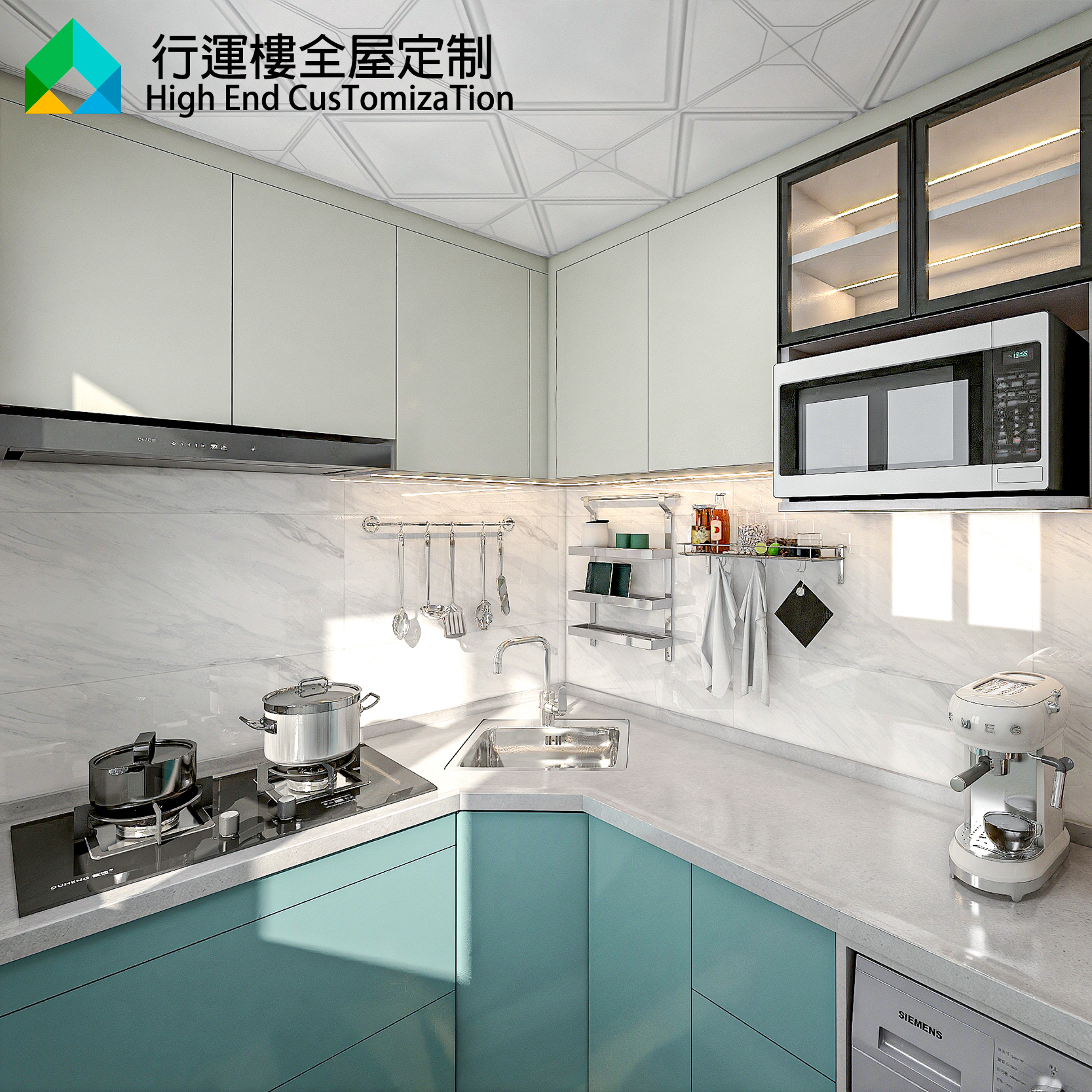 香港全屋定制櫥櫃吊櫃廚房整体訂造煮食爐石英石灶台檯帶洗衣機位