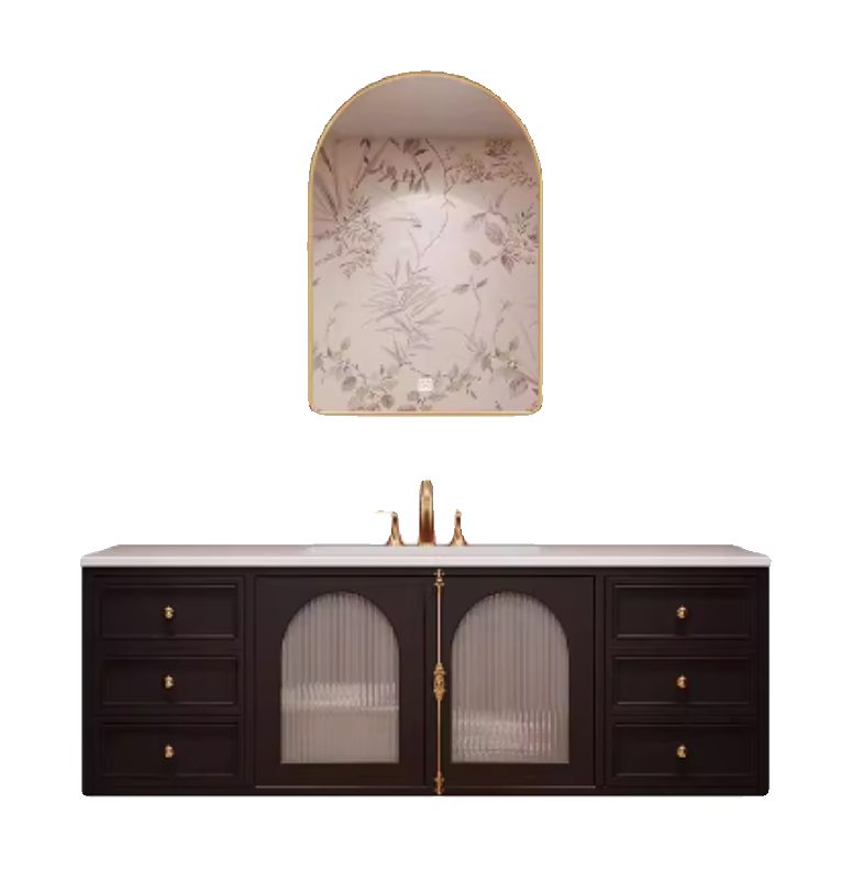 法式复古轻奢实木浴室柜组合美式橡木一体陶瓷盆卫生间洗漱台定做