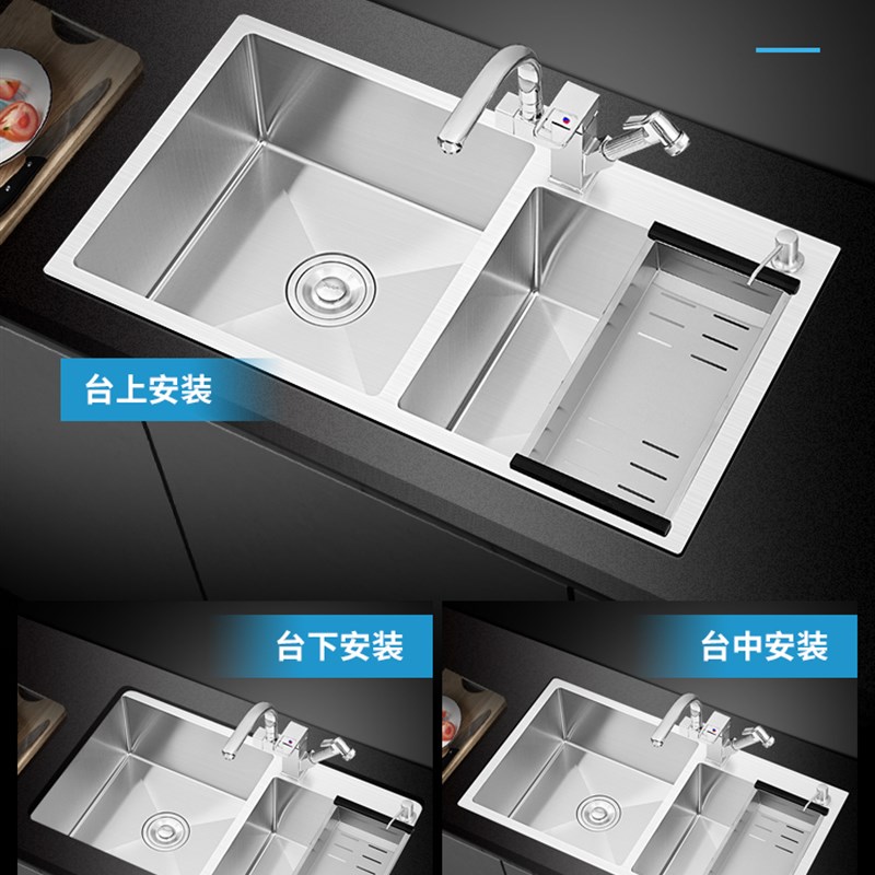 日式厨房洗菜盆 手工304不锈钢水槽大双槽洗碗槽家用洗菜水池台下