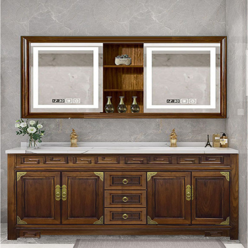 新中式风格陶瓷一体盆橡木浴室柜 智能镜洗手台 洗漱台卫浴柜组合