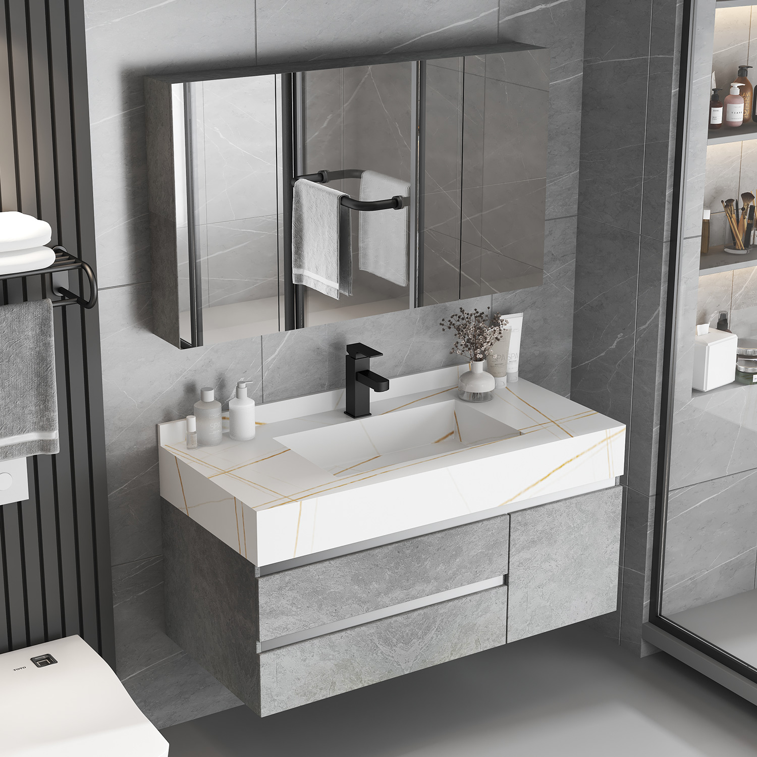 智能304不锈钢岩板浴室镜柜组合卫生间洗手洗脸面盆柜洗漱台套装