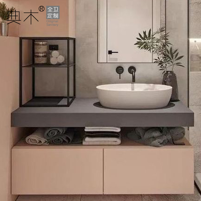 挂墙新中式北欧风格实木洗脸盆柜卫生间洗漱台岩板卫浴柜简美定制