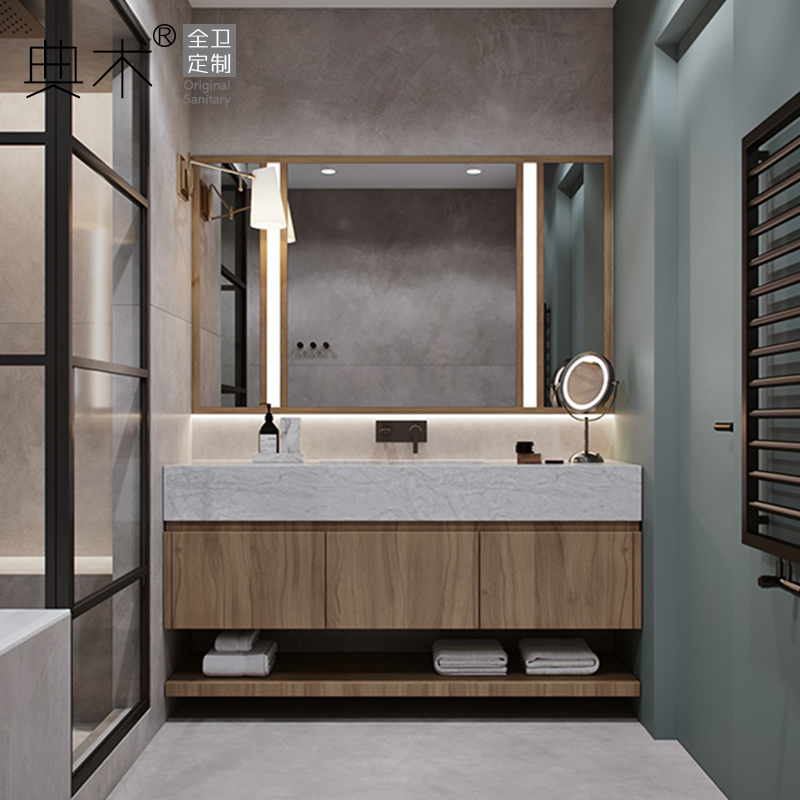 岩板定制卫浴柜简美挂墙新中式北欧风格实木洗脸盆柜卫生间洗漱台