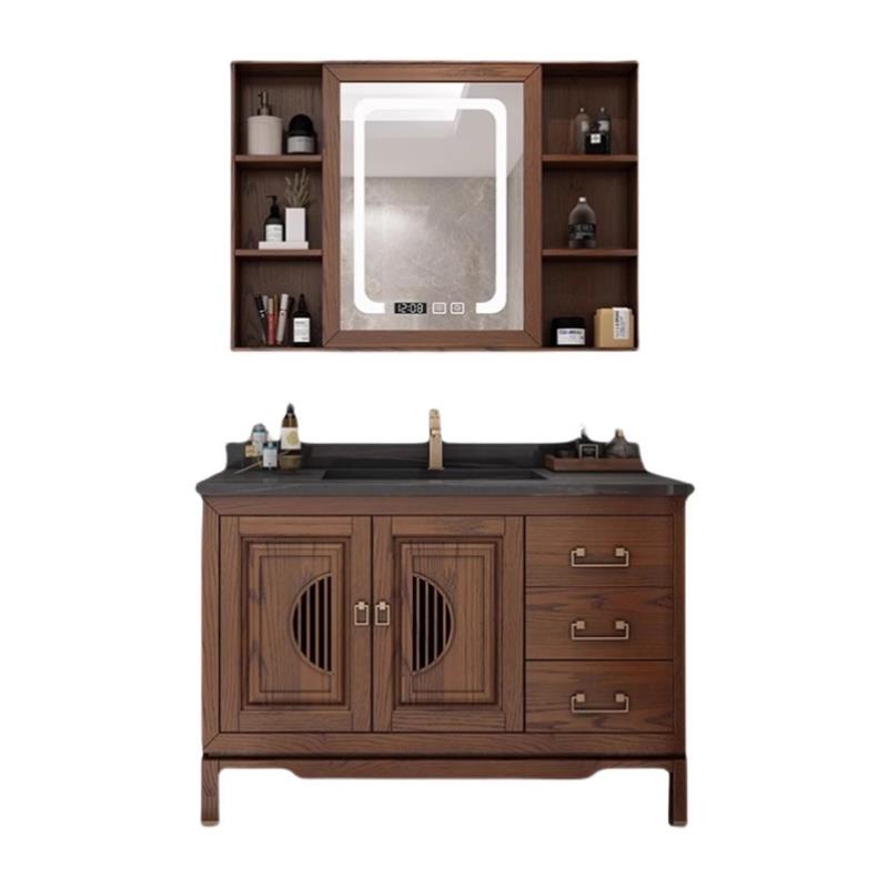 现代新中式浴室柜岩板智能红橡木实木开放漆洗脸盆柜洗漱台卫浴柜