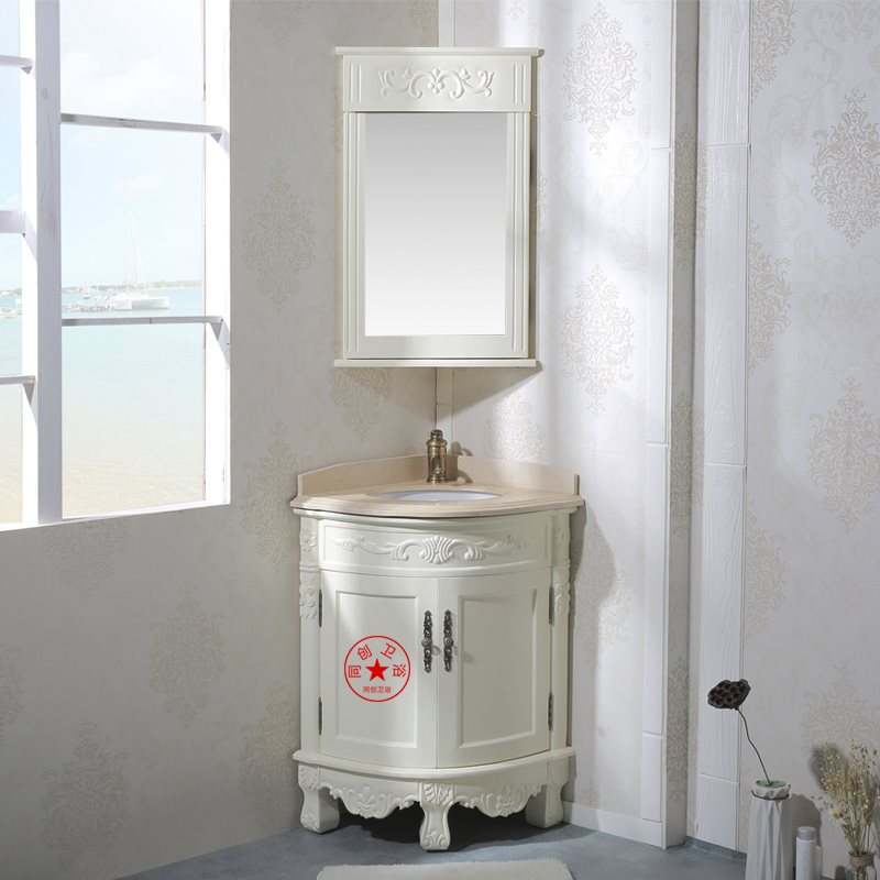 橡木落地浴室柜三角式洗漱组合实木卫浴柜欧式镜柜转角台盆