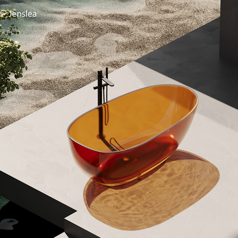彩色透明薄边树脂人造石独立式浴缸家用网红艺术高端一体成型浴盆