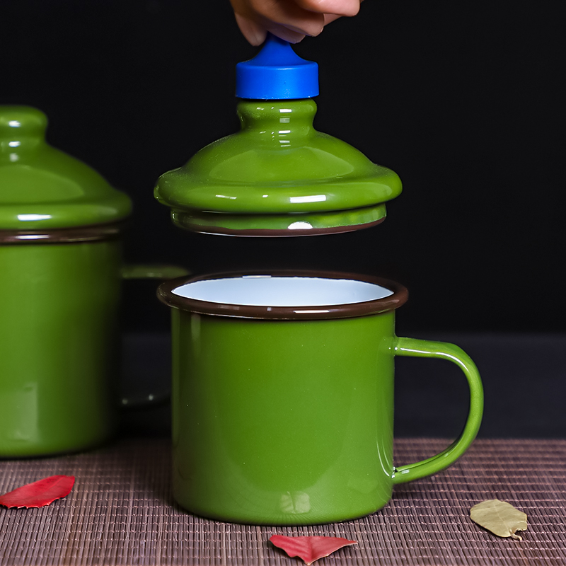 搪瓷马克杯子军绿色怀旧老式带盖口杯复古水杯纯色茶杯啤酒铁茶缸