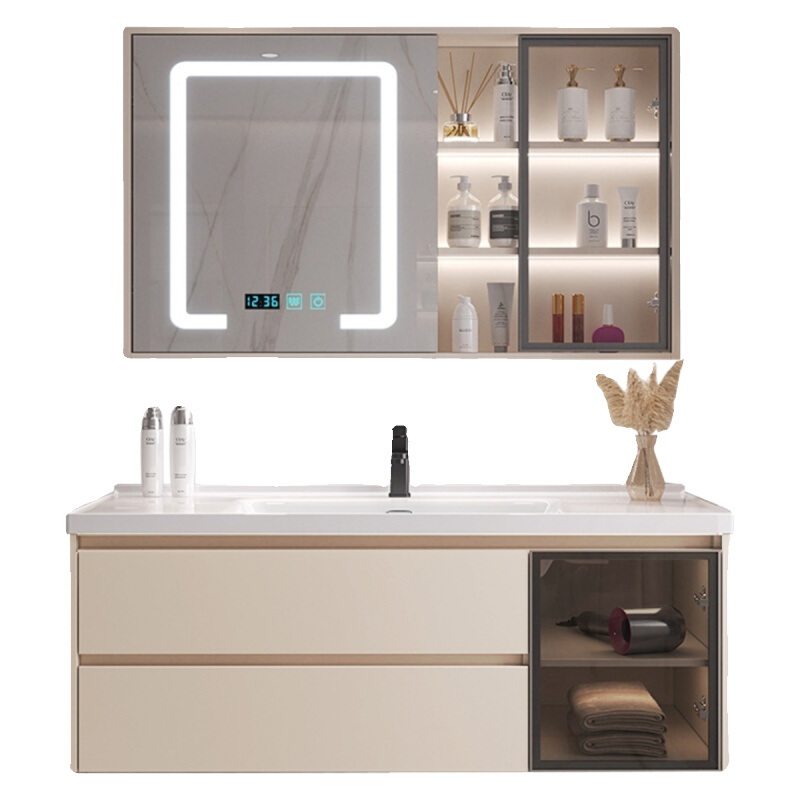 奶油风现代简约浴室柜组合洗手洗脸盆陶瓷一体卫生间洗漱台面镜柜