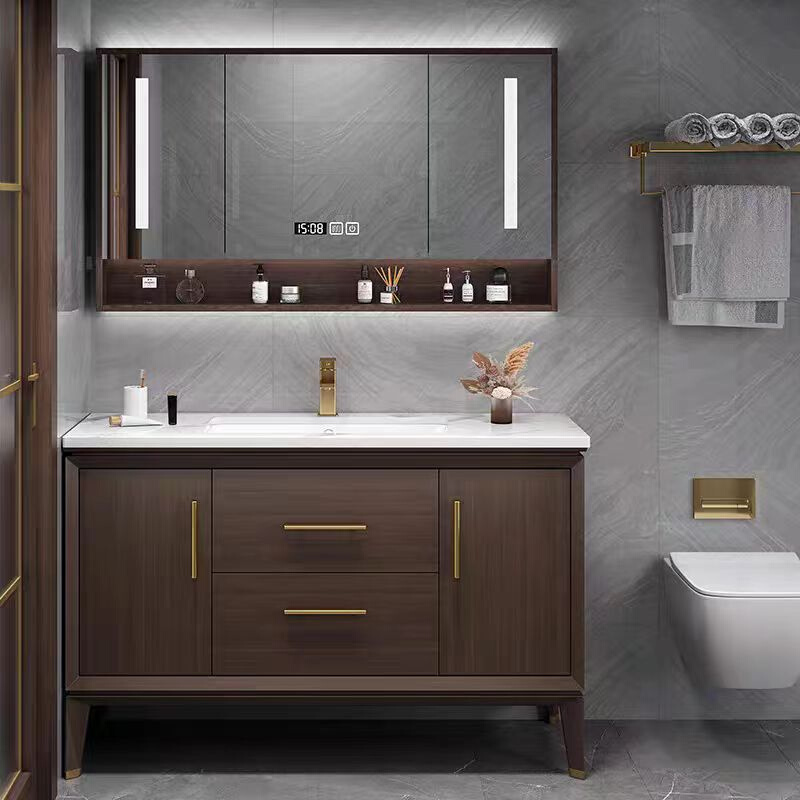 定制轻奢岩板新中式橡木实木浴室柜组合卫生间双盆洗漱台洗脸盆柜