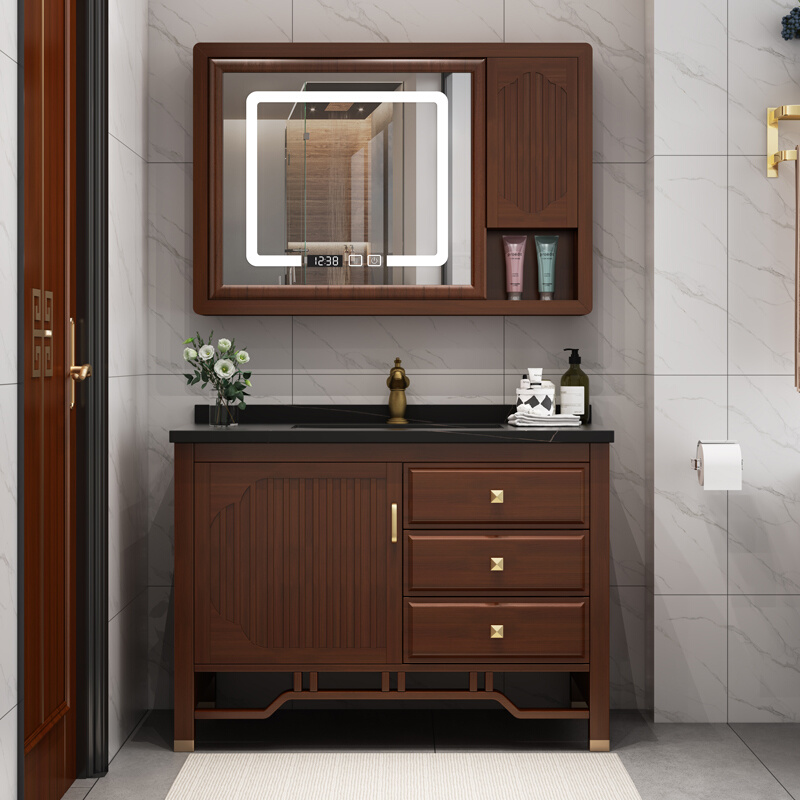 新中式橡木浴室柜组合大理石双盆洗手台卫浴柜台盆柜落地柜洗手盆