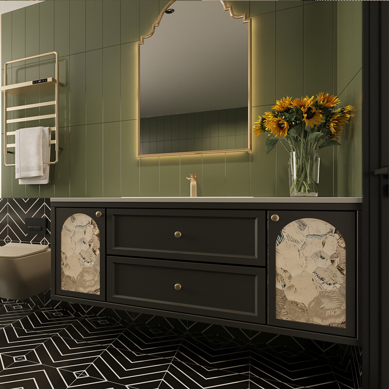 设计师浴室柜组合美式法式岩板无缝陶瓷一体盆定制实木洗脸盆组合