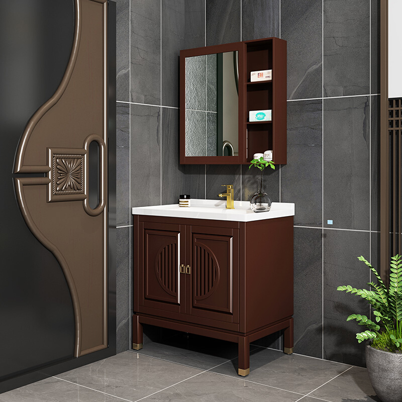 实木新中式浴室柜一体陶瓷盆风水镜柜组合卫生间落地洗手洗脸盆柜