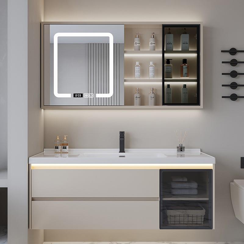 新款奶油风浴室柜一体陶瓷盆洗手池洗面盆洗漱台卫生间智能镜柜