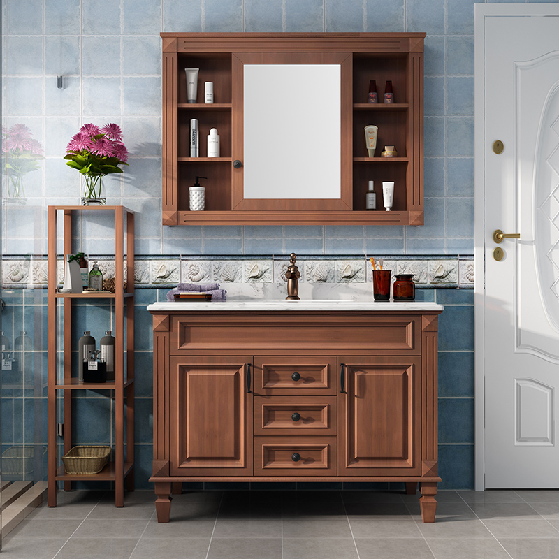 美式浴室柜组合实木洗手脸盆柜岩板橡木卫浴柜洗手池台盆智能镜柜