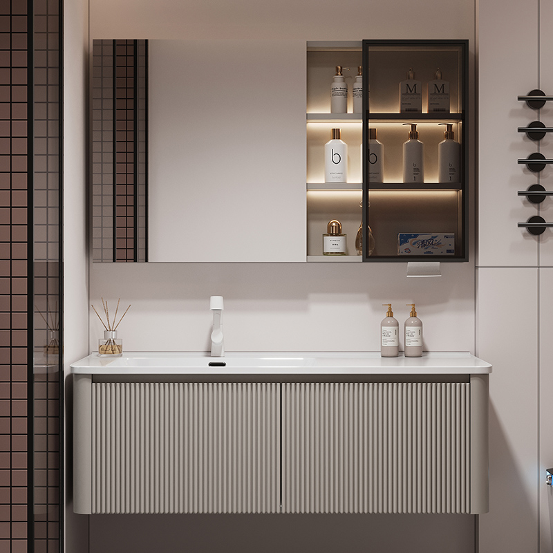 现代简约陶瓷一体盆浴室柜组合实木洗漱台卫生间镜柜洗手盆洗脸池