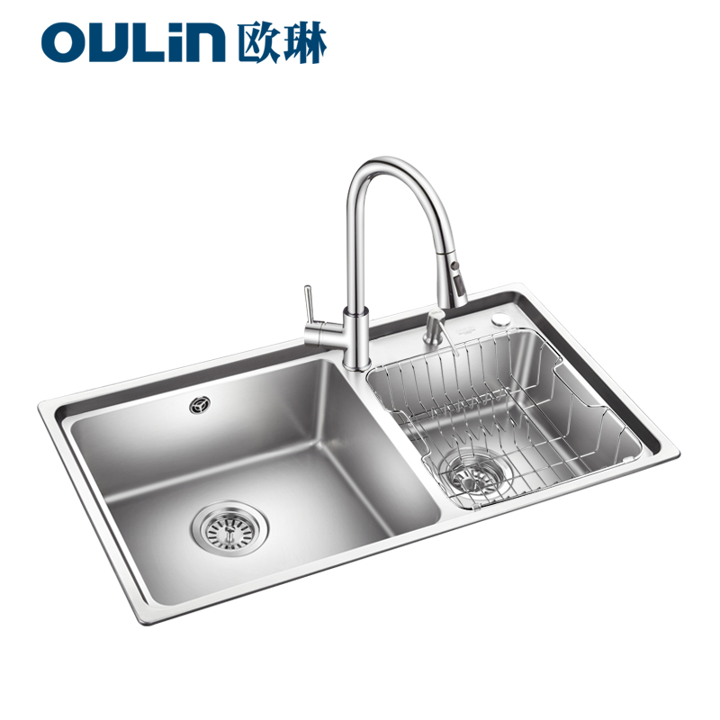 欧琳不锈钢水槽双槽套餐洗碗槽水池手工水槽厨房洗菜盆加厚HT820A
