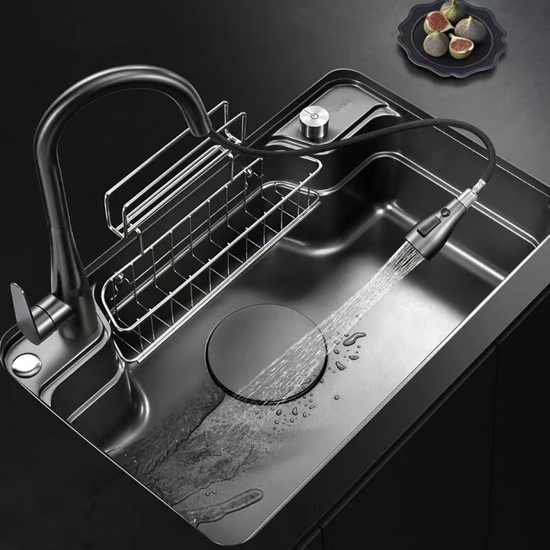枪灰压纹厨房304不锈钢洗碗槽盆家用洗菜池日式水槽一体拉伸菜盆