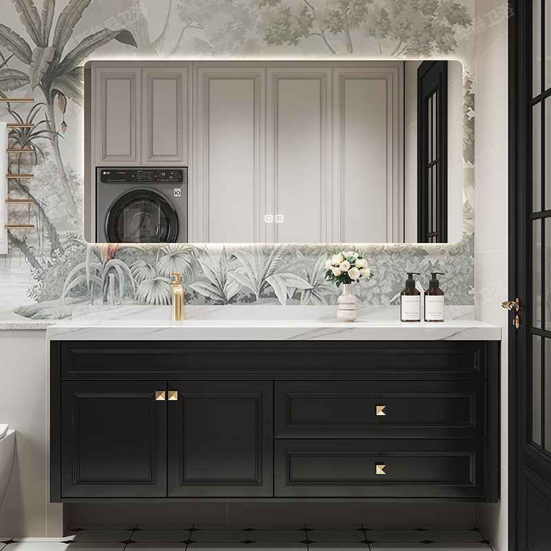 美式橡胶木黑色浴室柜组合洗脸洗手面盆池陶瓷一体岩板台面极简风