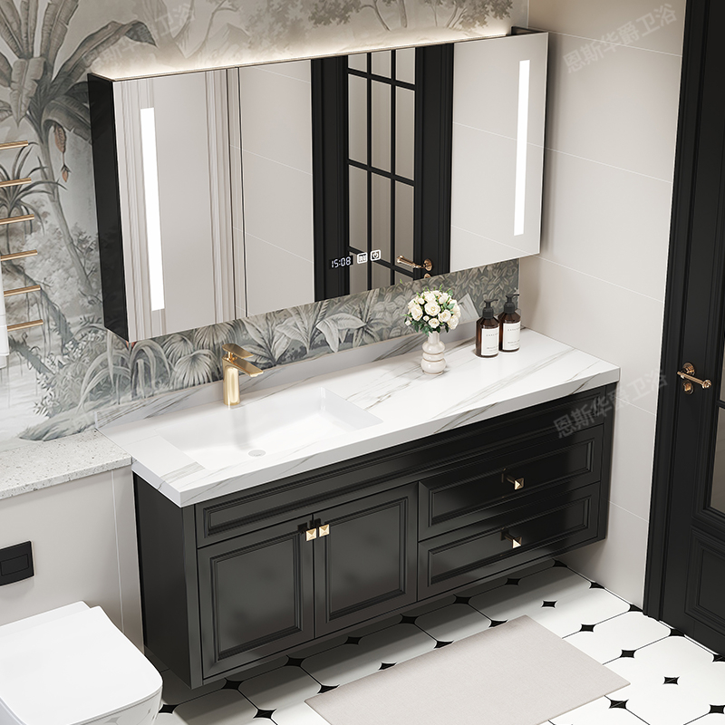 美式橡胶木黑色浴室柜组合洗脸洗手面盆池陶瓷一体岩板台面极简风
