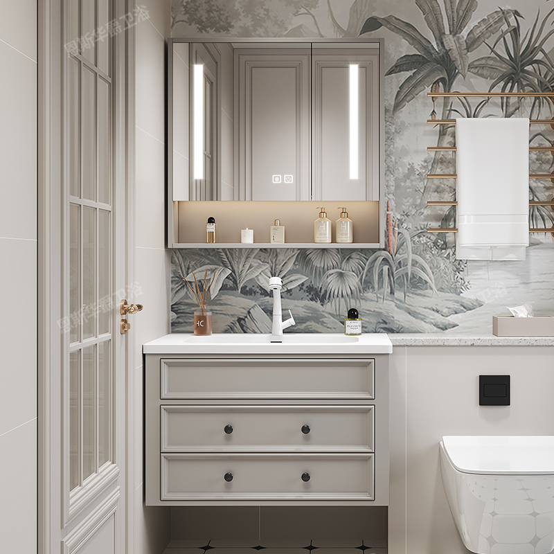 美式橡胶木浴室柜组合洗脸洗手面盆池陶瓷一体岩板台面可定制卫浴