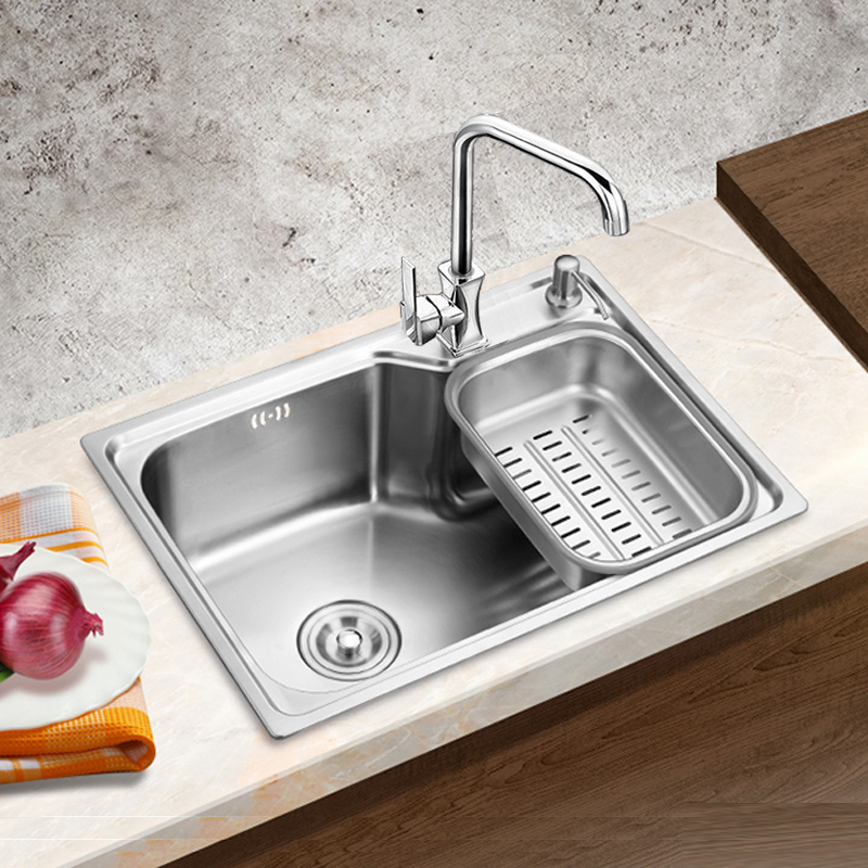 厨房不锈钢单水槽一体加厚加深水槽拉丝洗菜盆洗碗池水盆套餐桌下